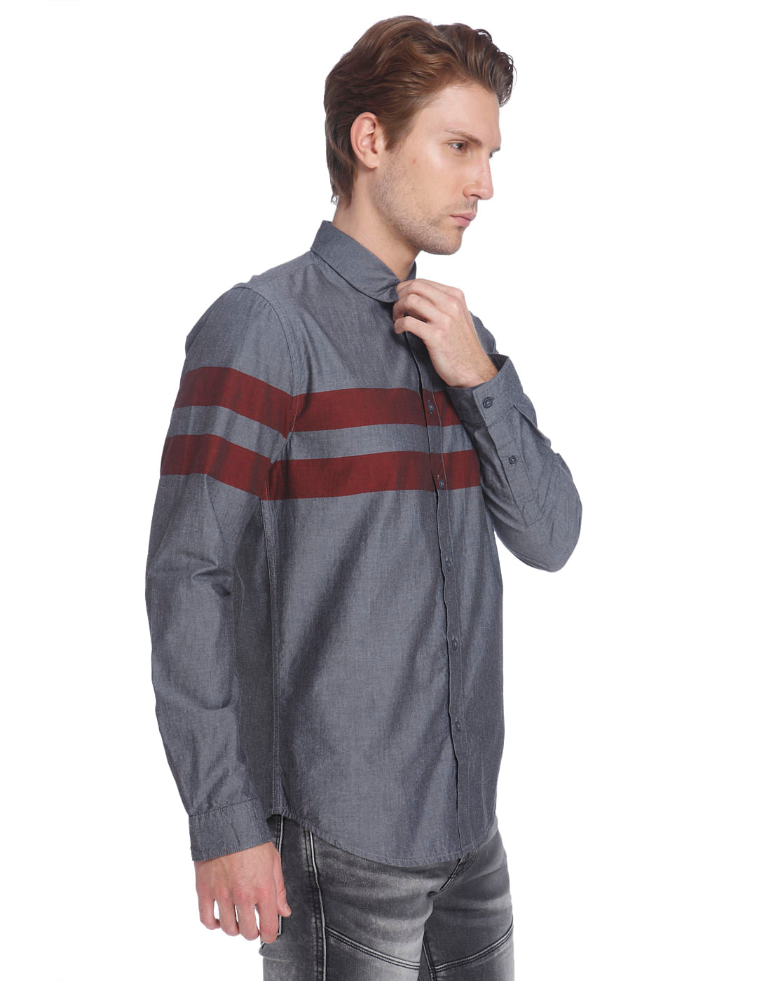 Grey Shirt With Red Stripes
