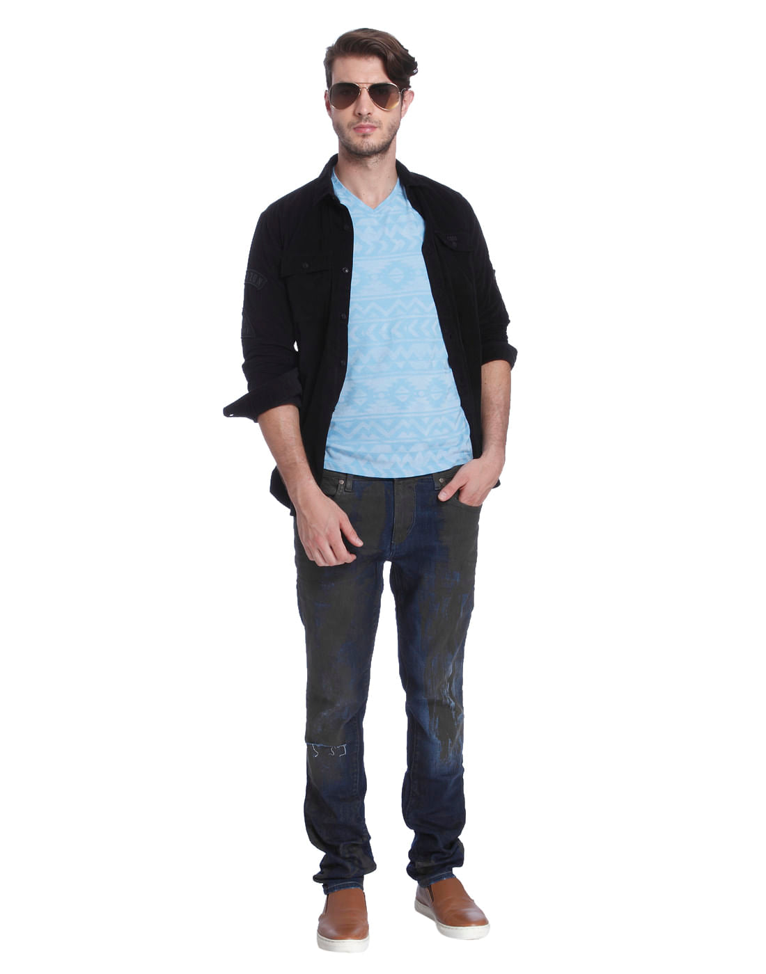 Light Blue Printed V-Neck T-Shirt