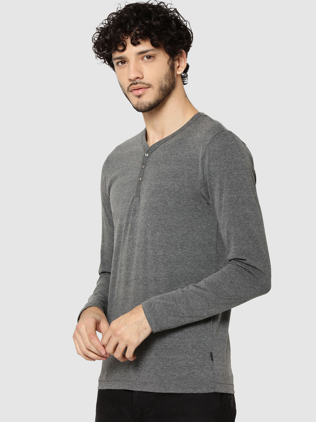 Grey Full Sleeves Henley T-Shirt