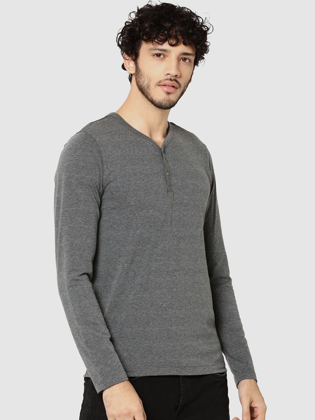 Grey Full Sleeves Henley T-Shirt