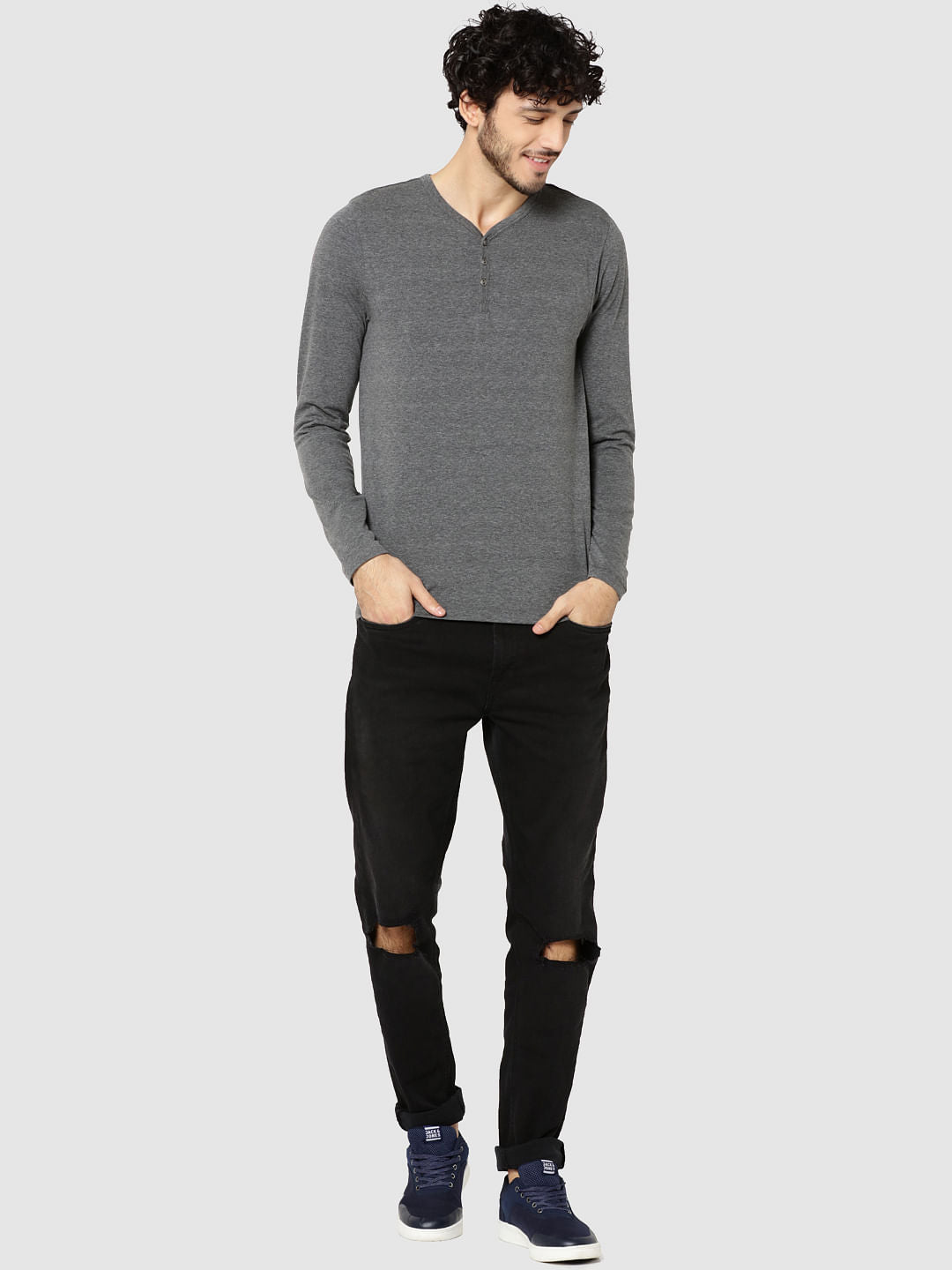Grey Full Sleeves Henley T-Shirt