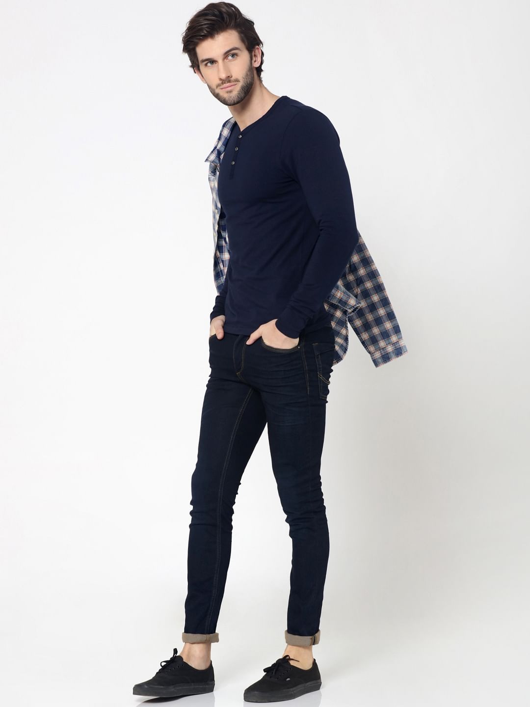 Dark Blue Full Sleeves Henley T-Shirt