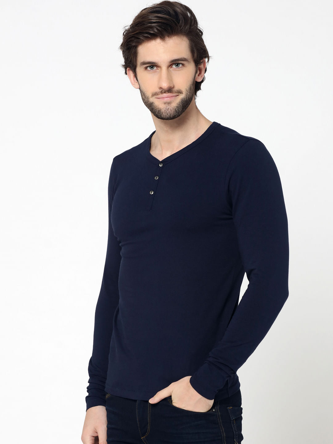 Dark Blue Full Sleeves Henley T-Shirt