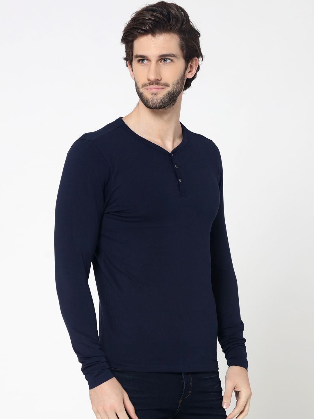 Dark Blue Full Sleeves Henley T-Shirt