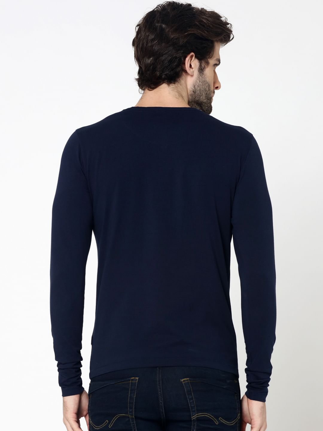 Dark Blue Full Sleeves Henley T-Shirt