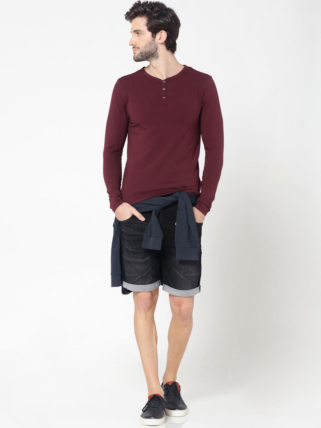 Burgundy Full Sleeves Henley T-Shirt