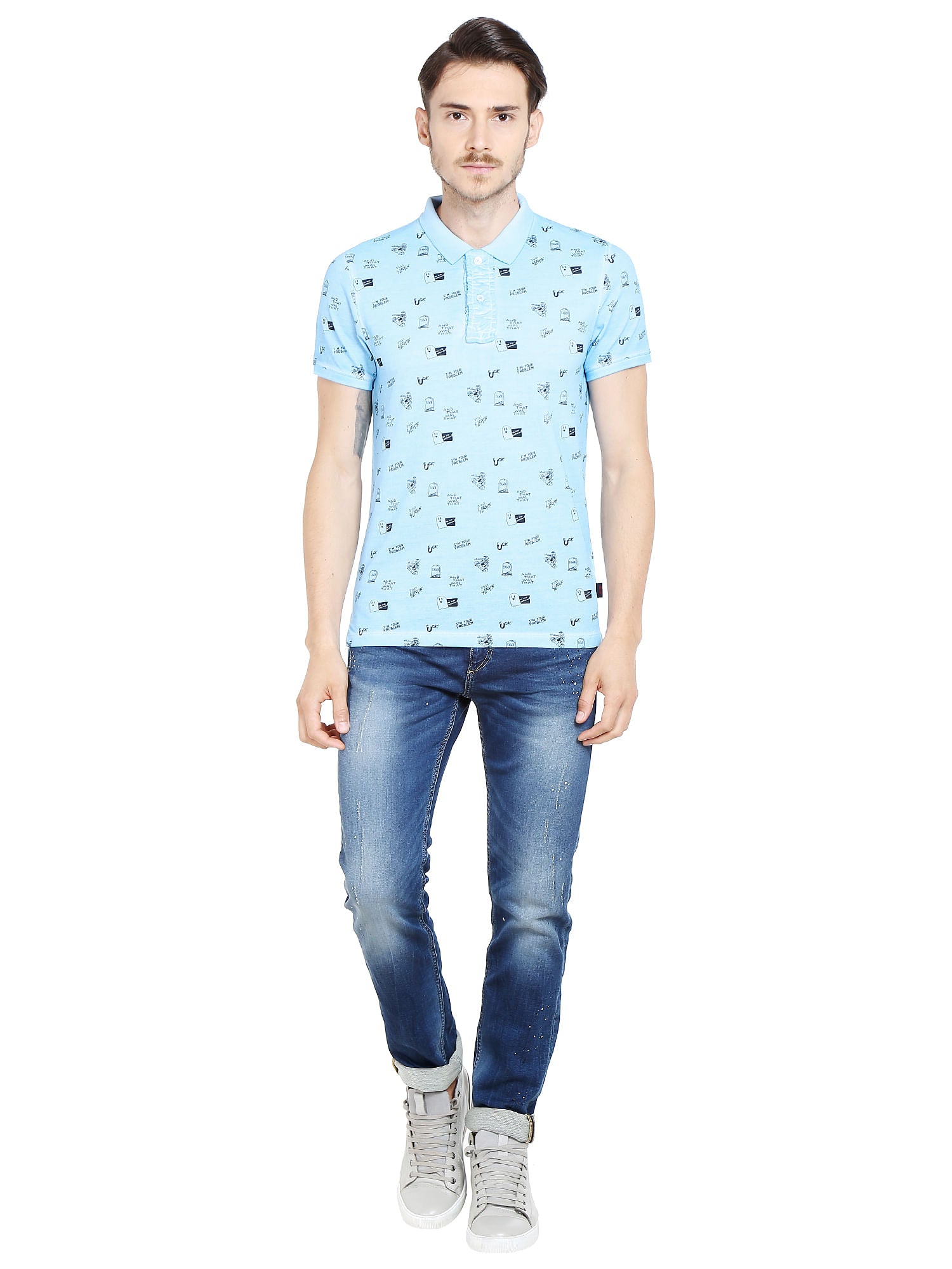 Sky Blue Graphic Print Polo T-Shirt