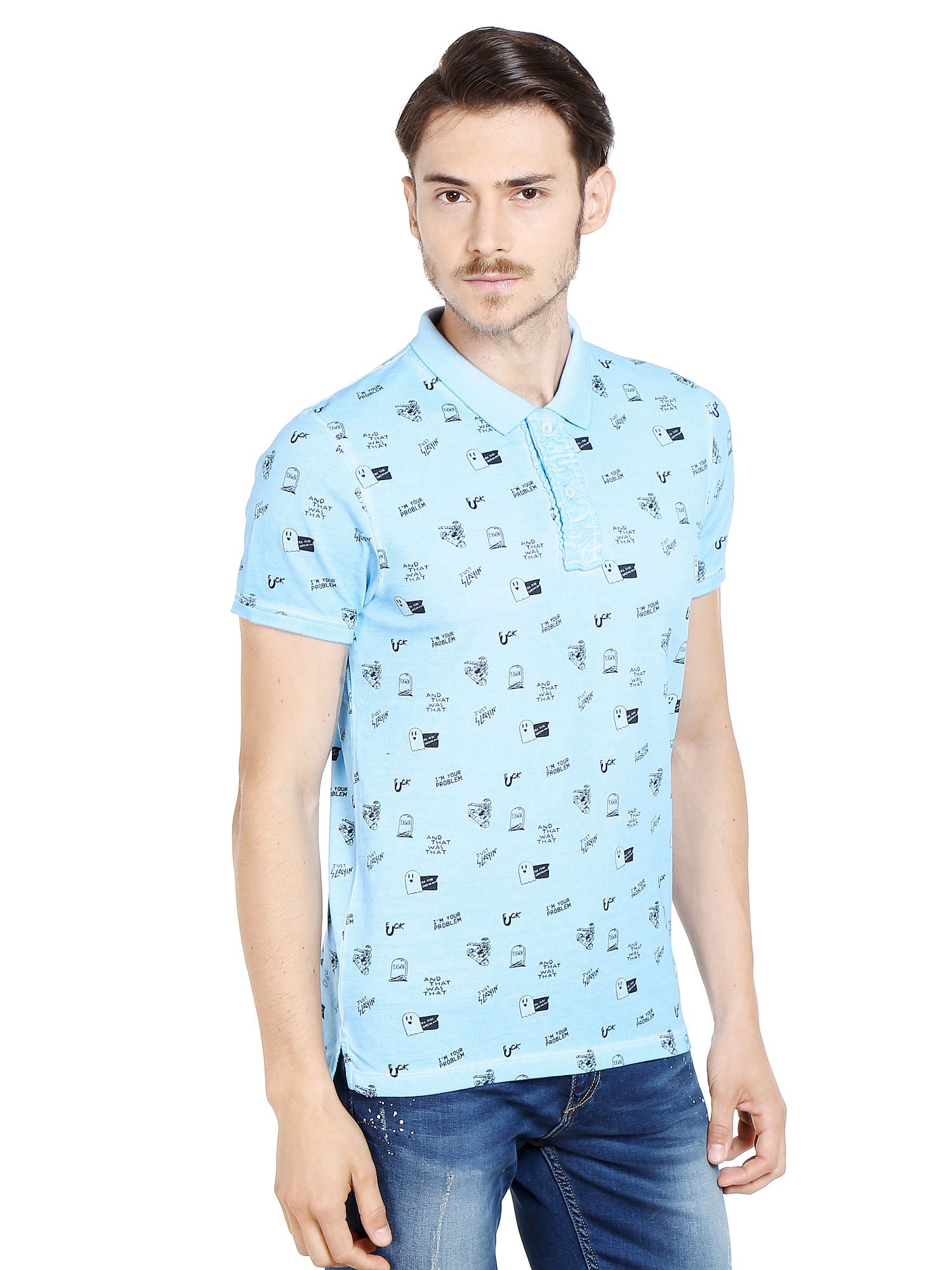 Sky Blue Graphic Print Polo T-Shirt