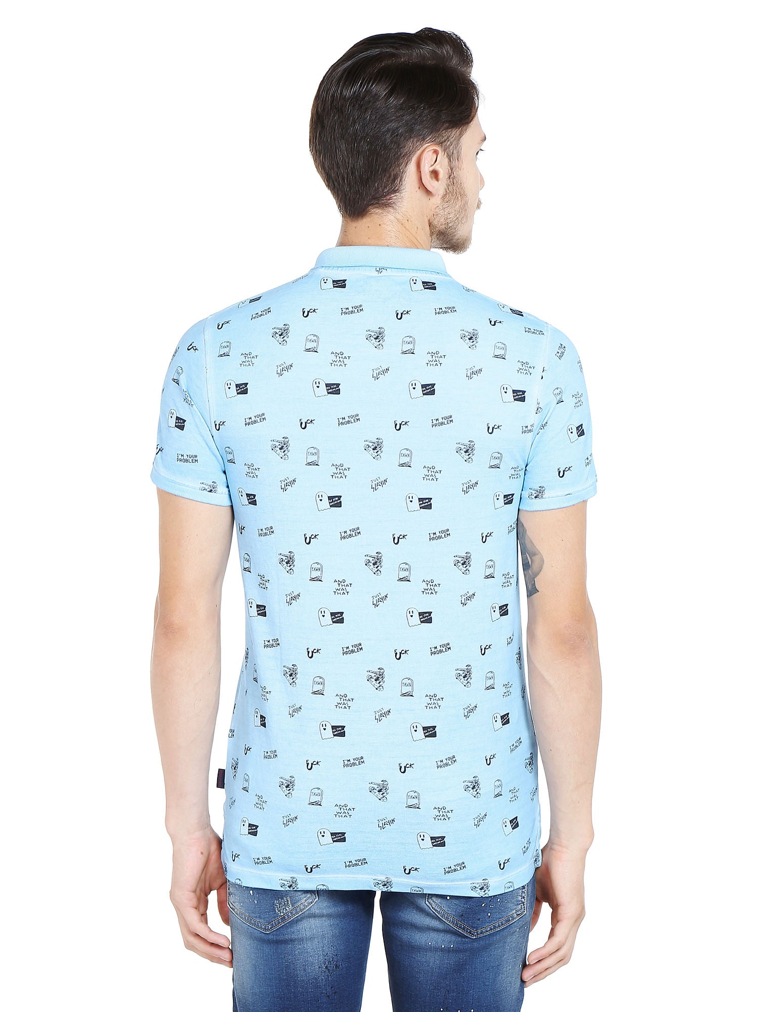 Sky Blue Graphic Print Polo T-Shirt