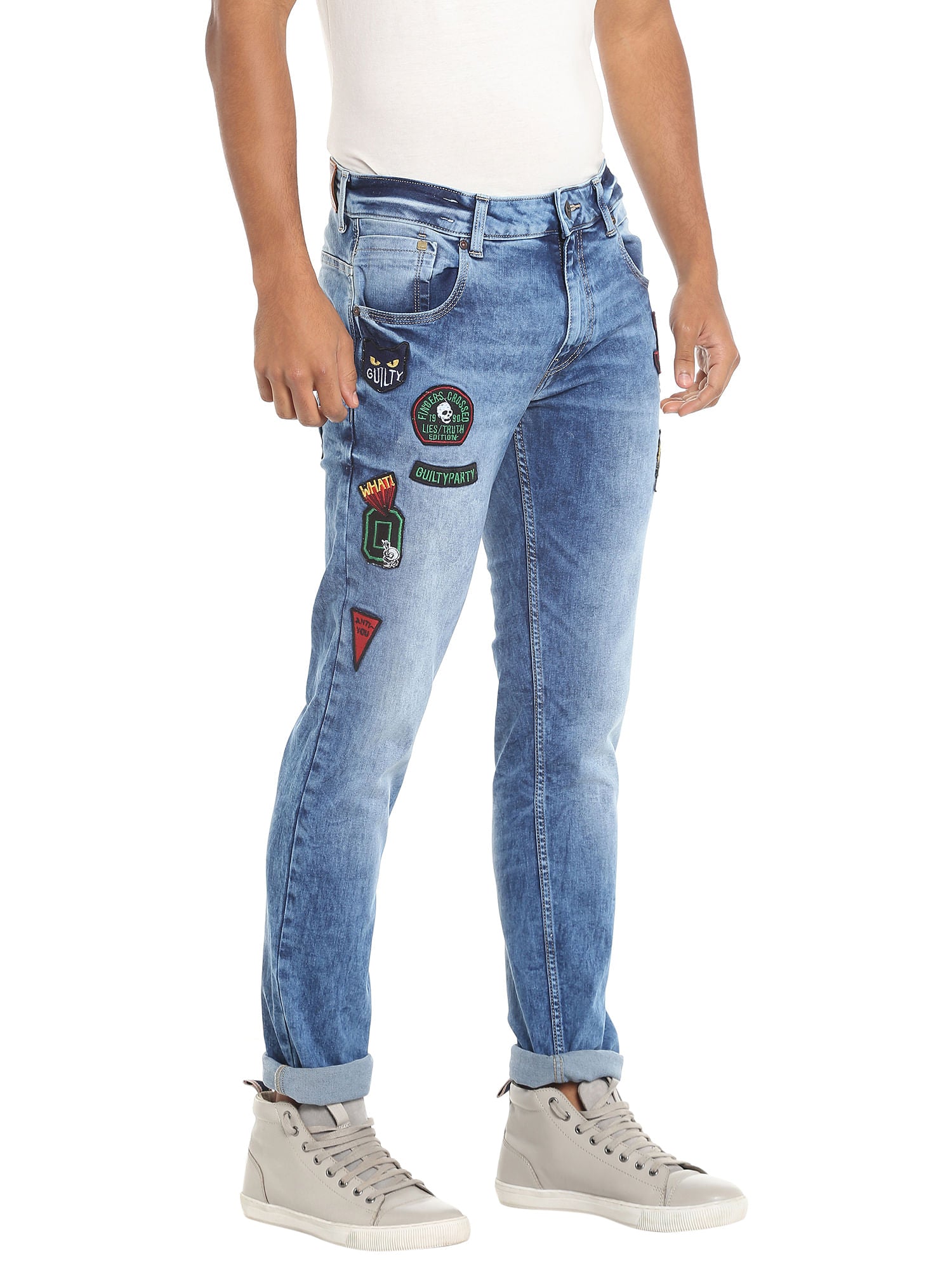Blue Slim Jeans With Badge Detail