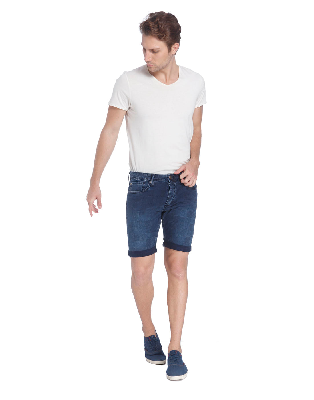 Tile Print Dark Blue Denim Shorts