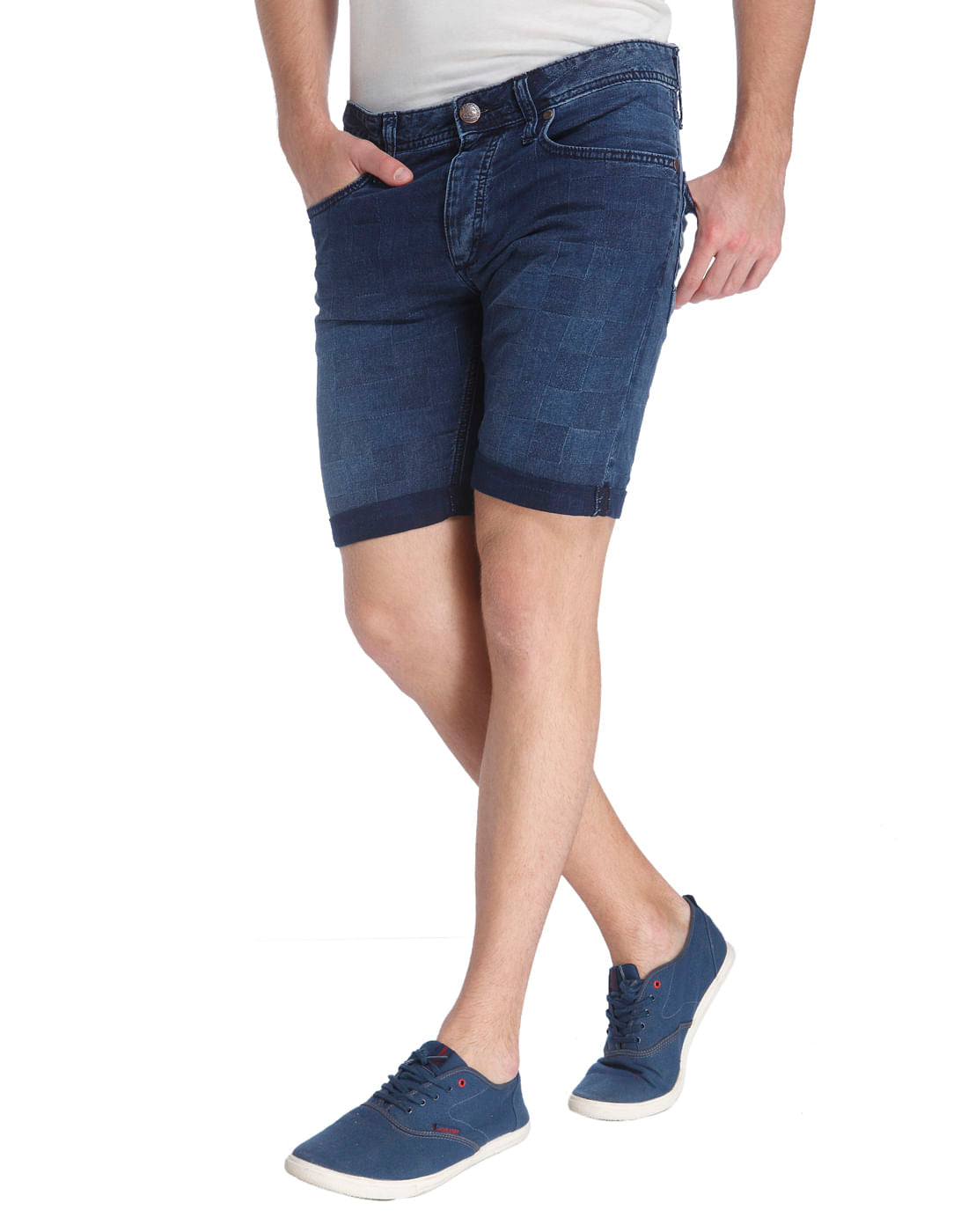 Tile Print Dark Blue Denim Shorts