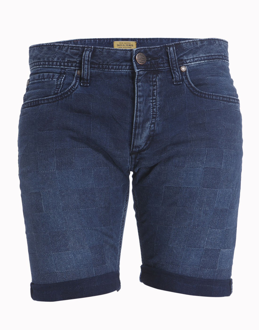 Tile Print Dark Blue Denim Shorts