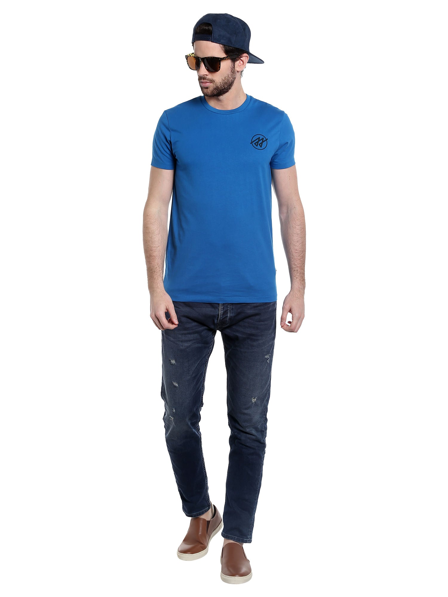 Blue Slogan Print Crew Neck Jersey T-Shirt