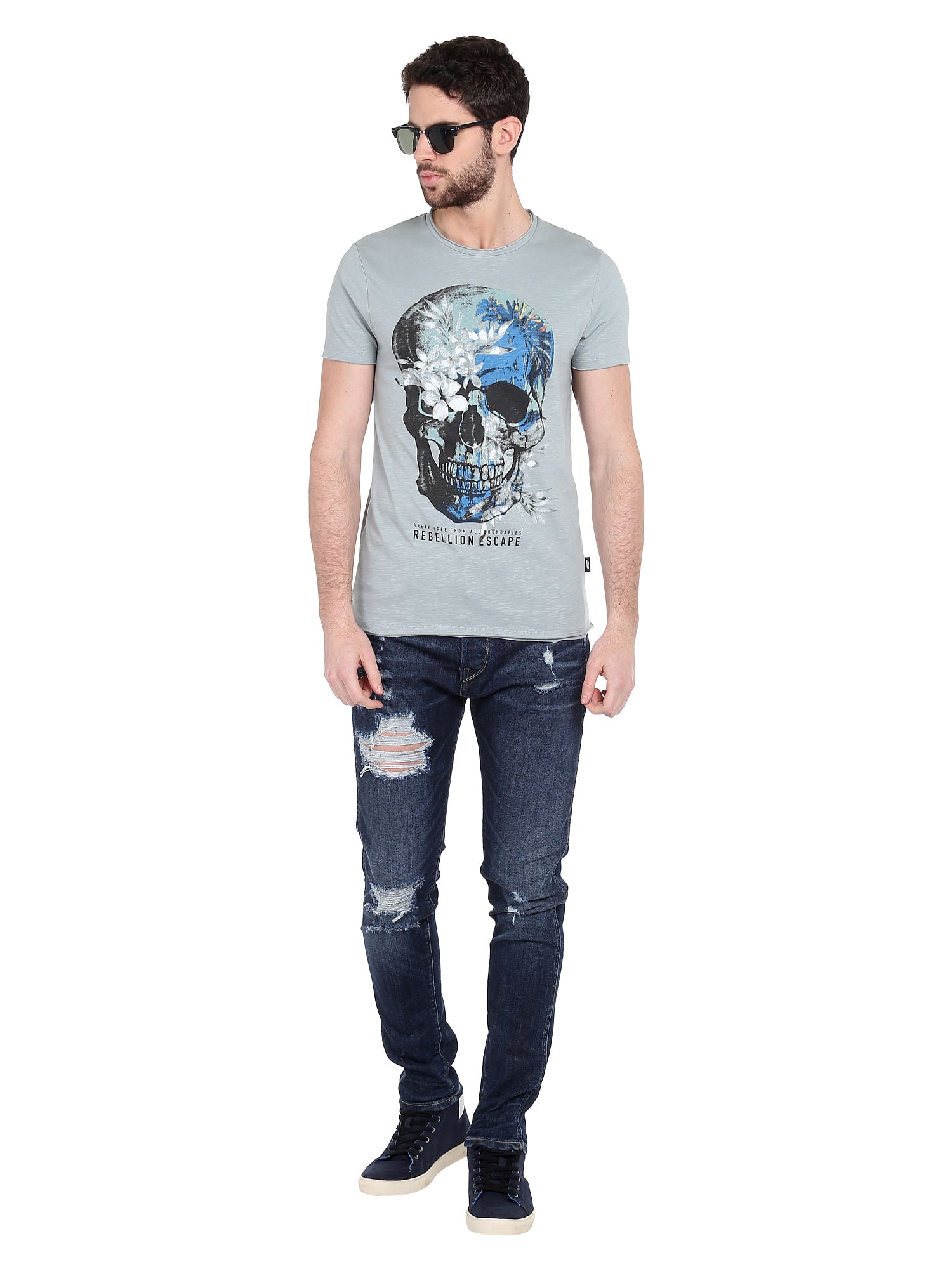 Skull Print Grey Crew Neck T-Shirt