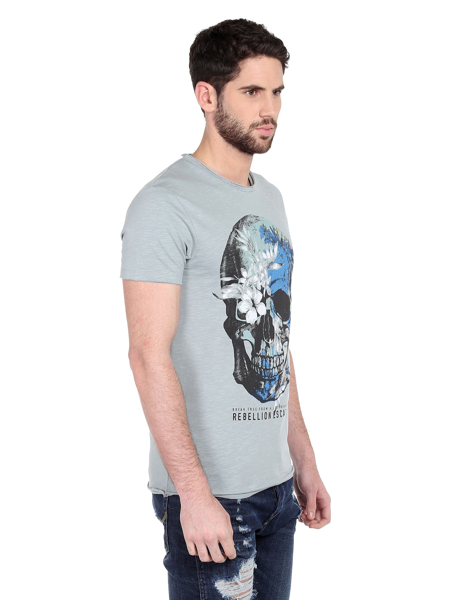 Skull Print Grey Crew Neck T-Shirt