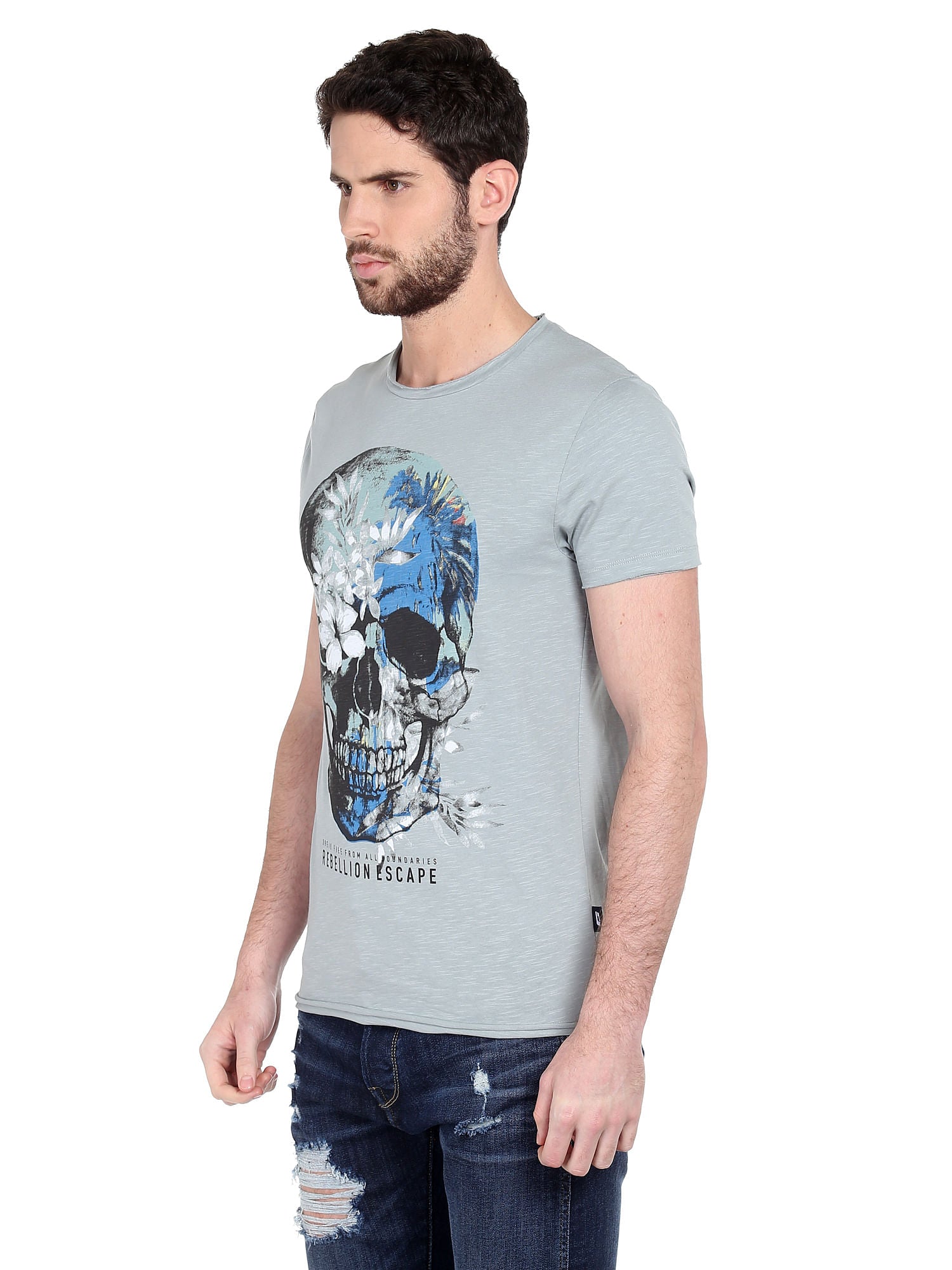 Skull Print Grey Crew Neck T-Shirt