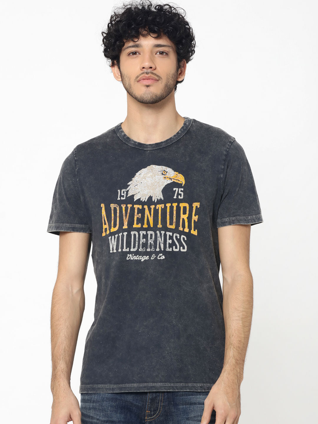 Black Graphic Print Distressed Crew Neck T-Shirt
