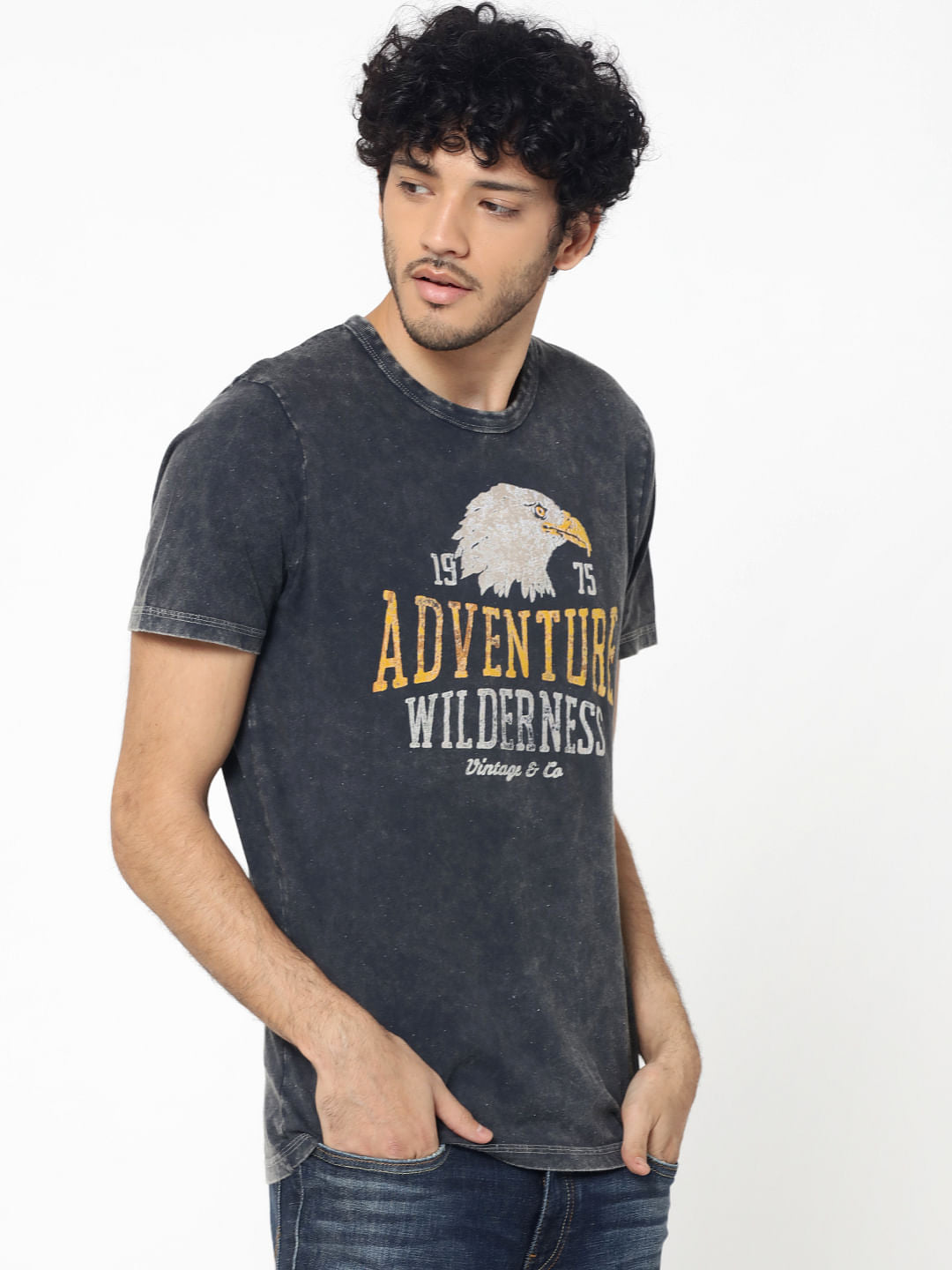 Black Graphic Print Distressed Crew Neck T-Shirt