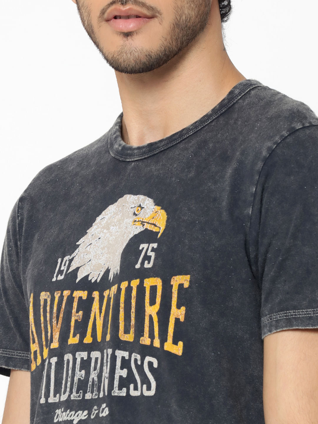Black Graphic Print Distressed Crew Neck T-Shirt