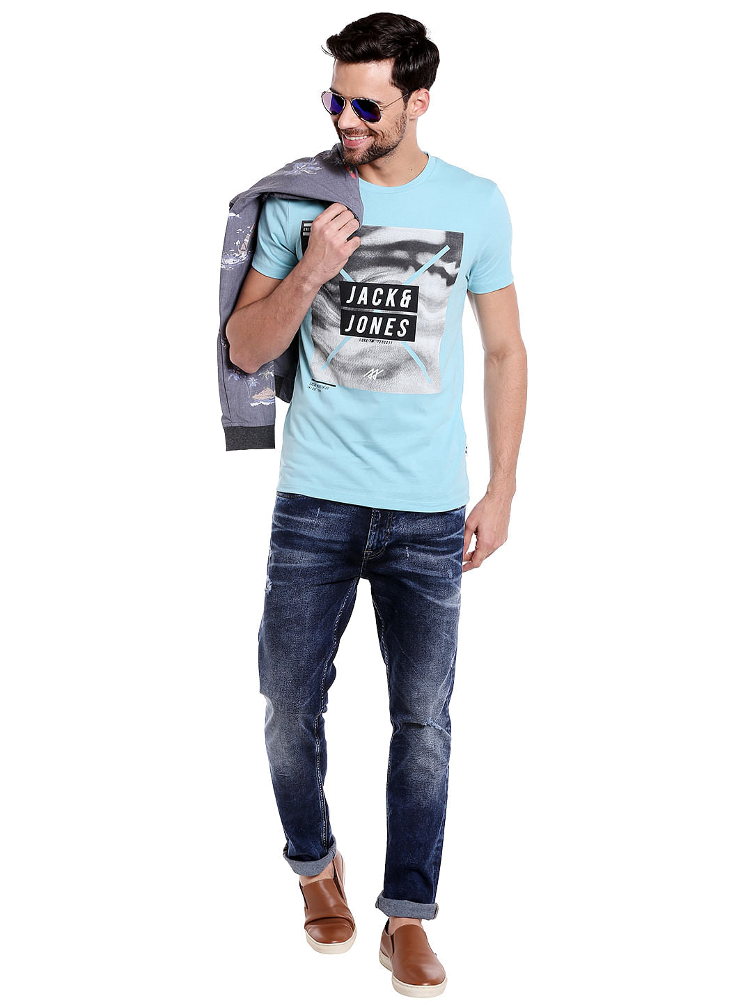 Aqua Blue Graphic Print Crew Neck T-Shirt