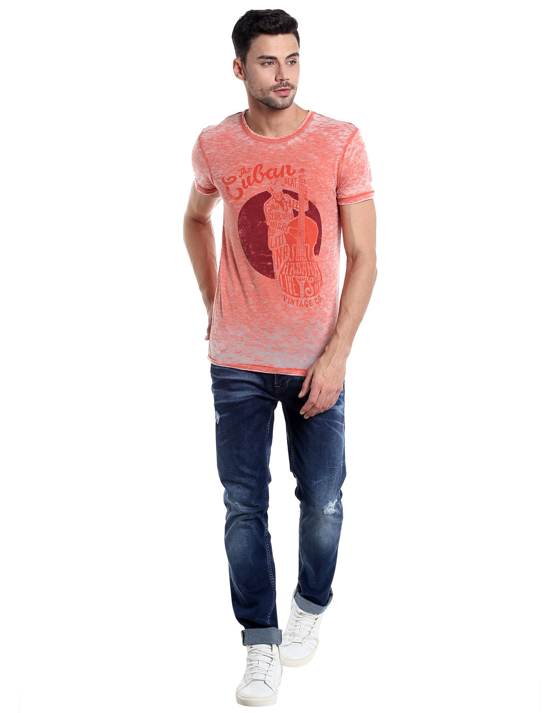 Orange Cello Print Crew Neck T-Shirt