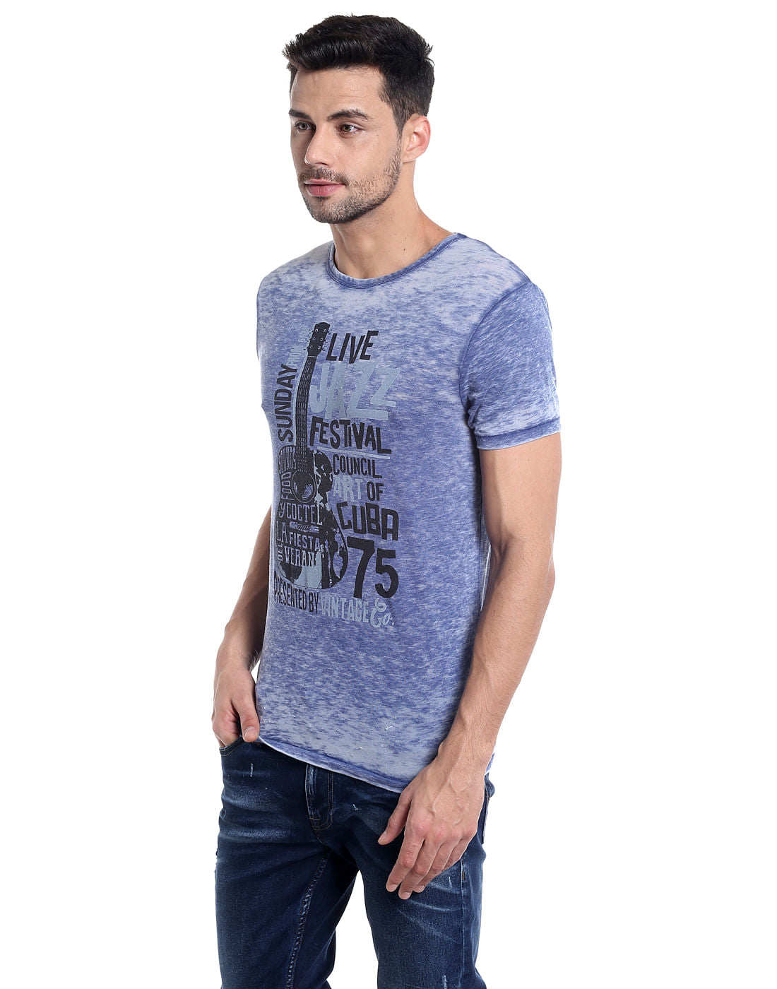 Blue Guitar Print Crew Neck T-Shirt