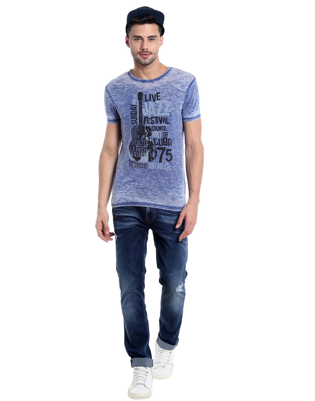 Blue Guitar Print Crew Neck T-Shirt