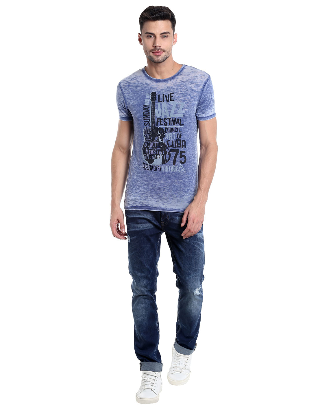 Blue Guitar Print Crew Neck T-Shirt