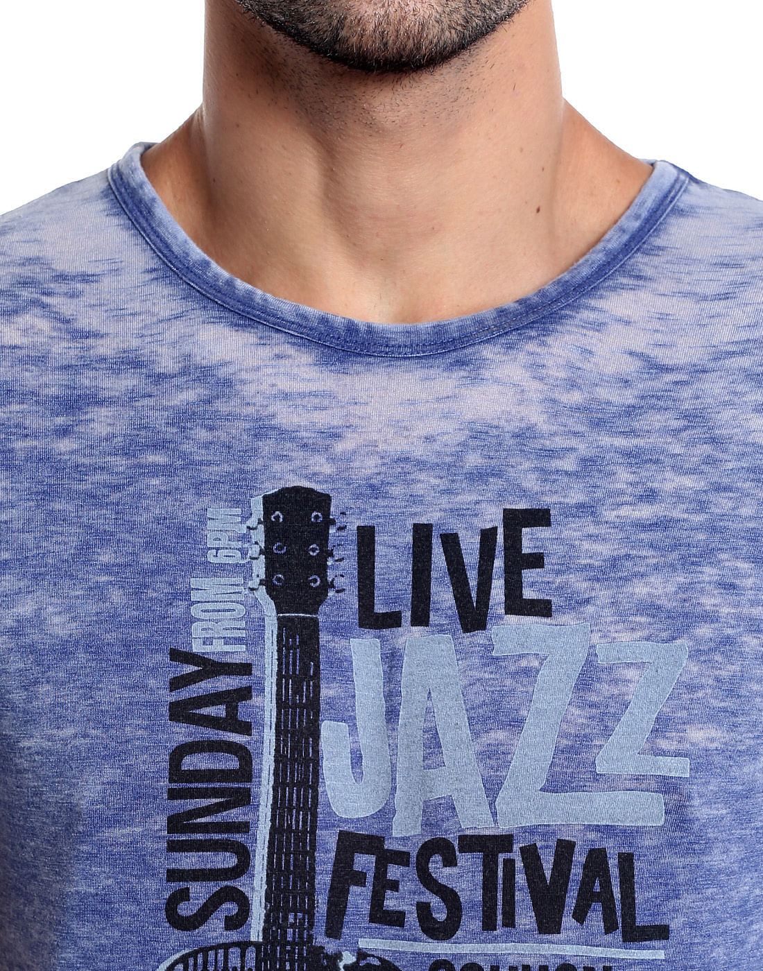 Blue Guitar Print Crew Neck T-Shirt