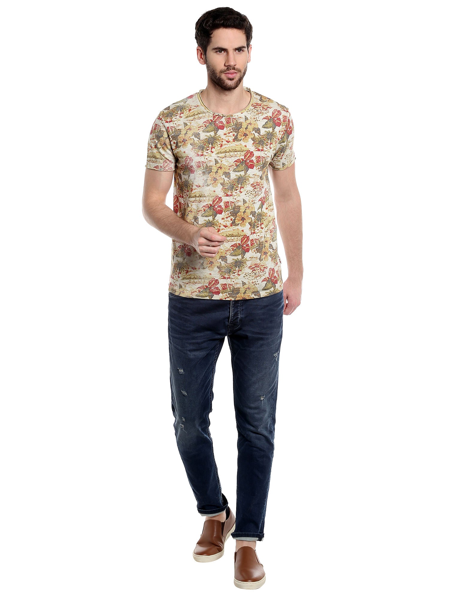 Flora & Fauna Print Grey Crew Neck T-Shirt