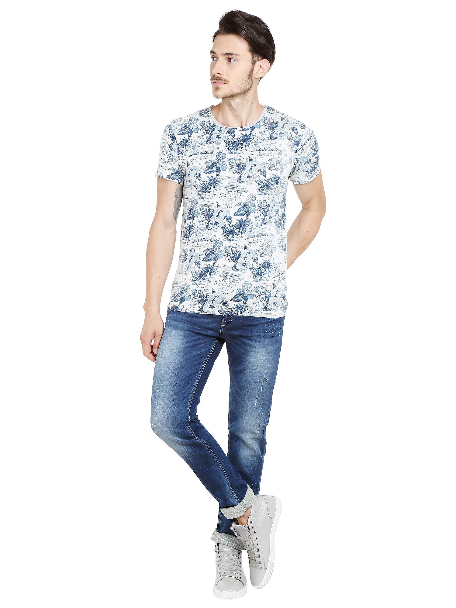 Flora & Fauna Print Blue Crew Neck T-Shirt
