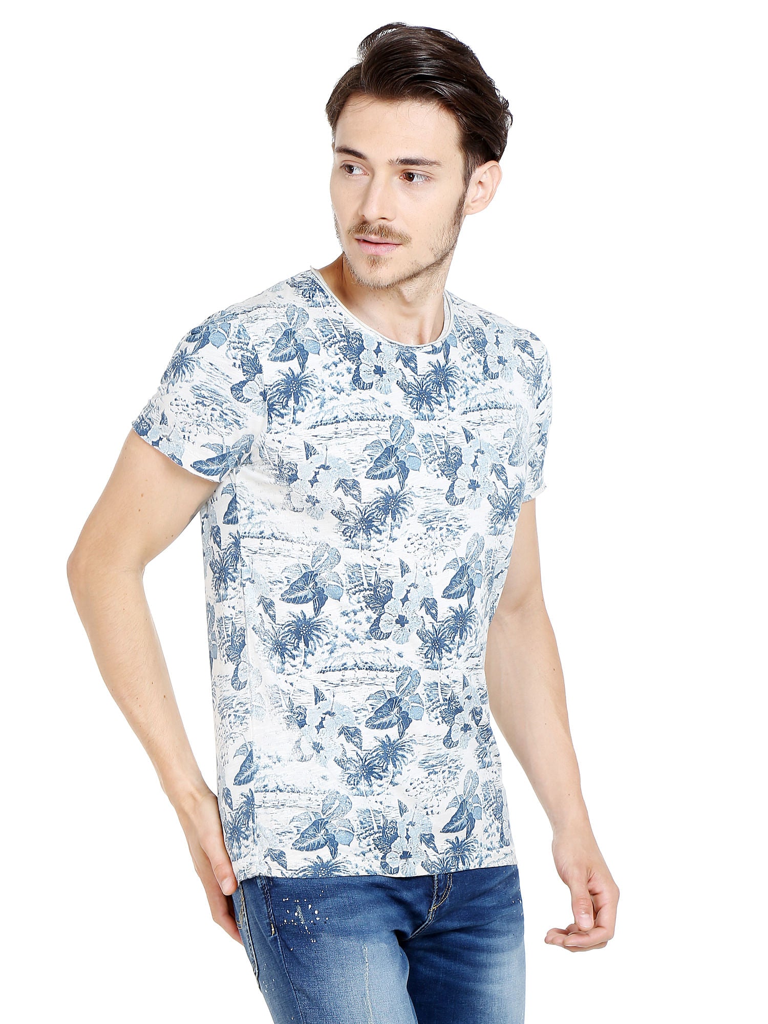 Flora & Fauna Print Blue Crew Neck T-Shirt