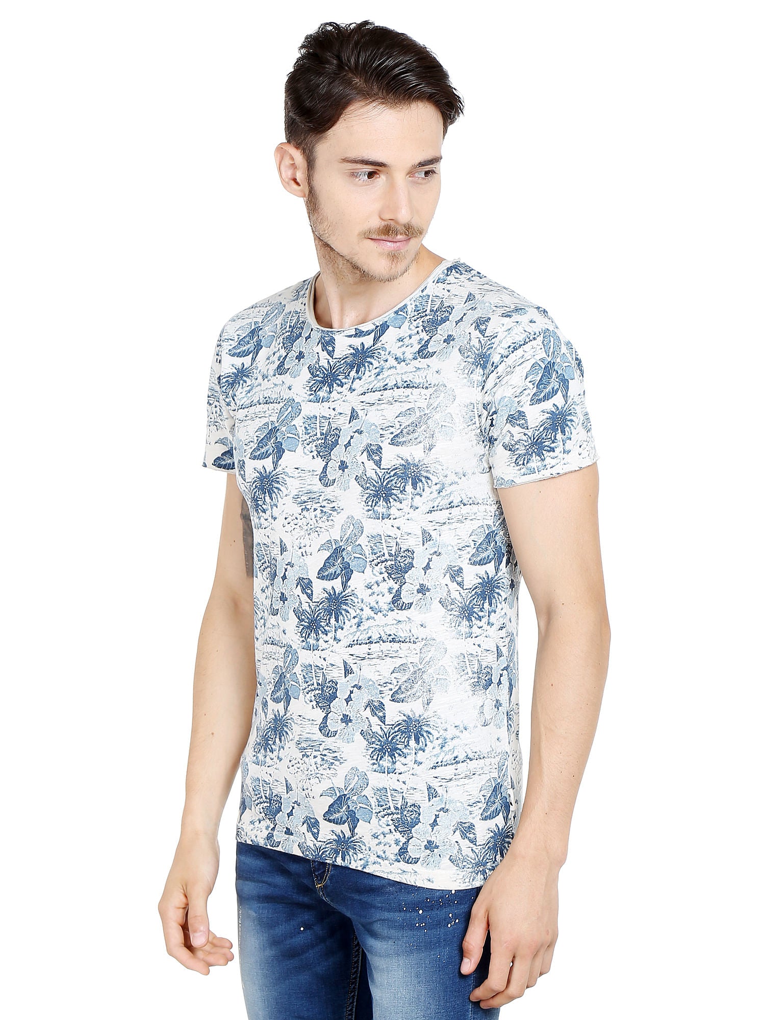 Flora & Fauna Print Blue Crew Neck T-Shirt