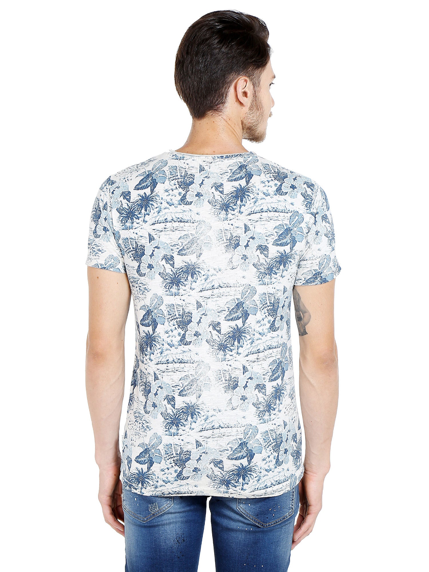 Flora & Fauna Print Blue Crew Neck T-Shirt