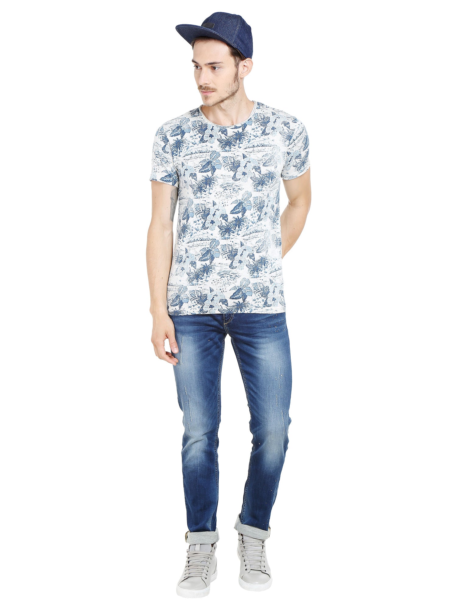 Flora & Fauna Print Blue Crew Neck T-Shirt