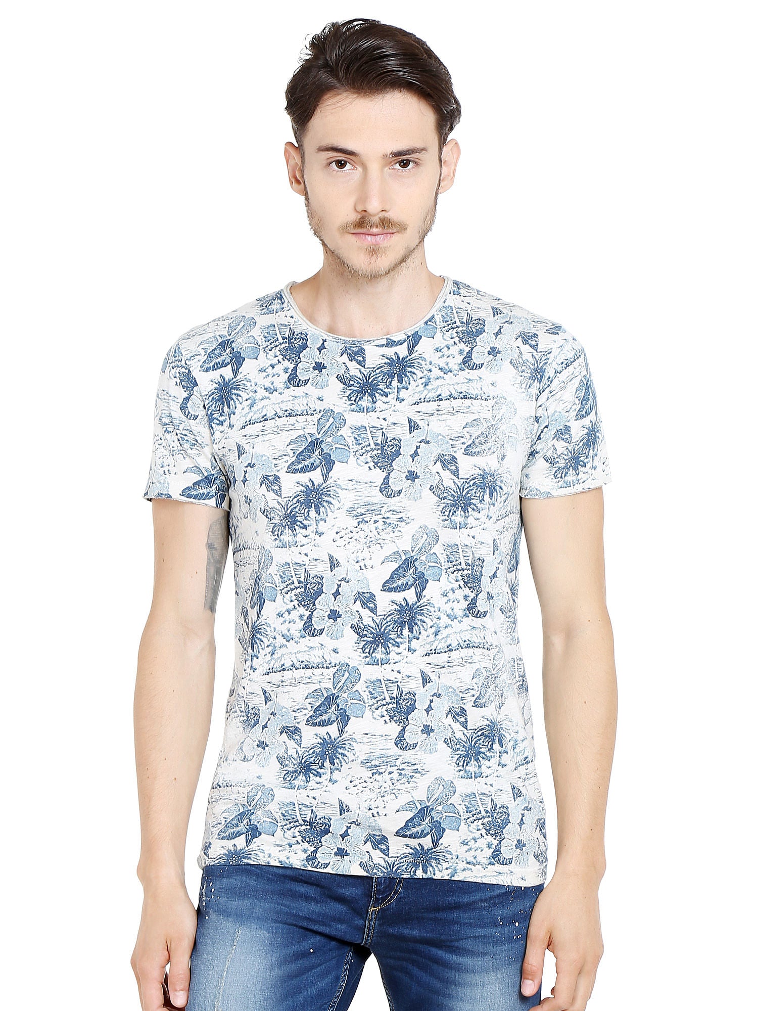 Flora & Fauna Print Blue Crew Neck T-Shirt