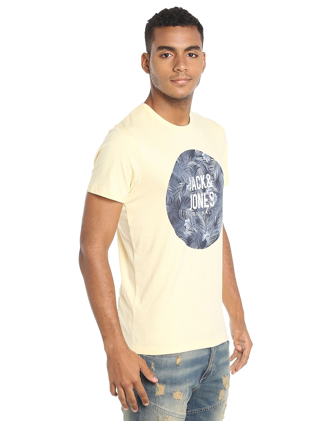 Yellow Tropical Print Crew Neck T-Shirt