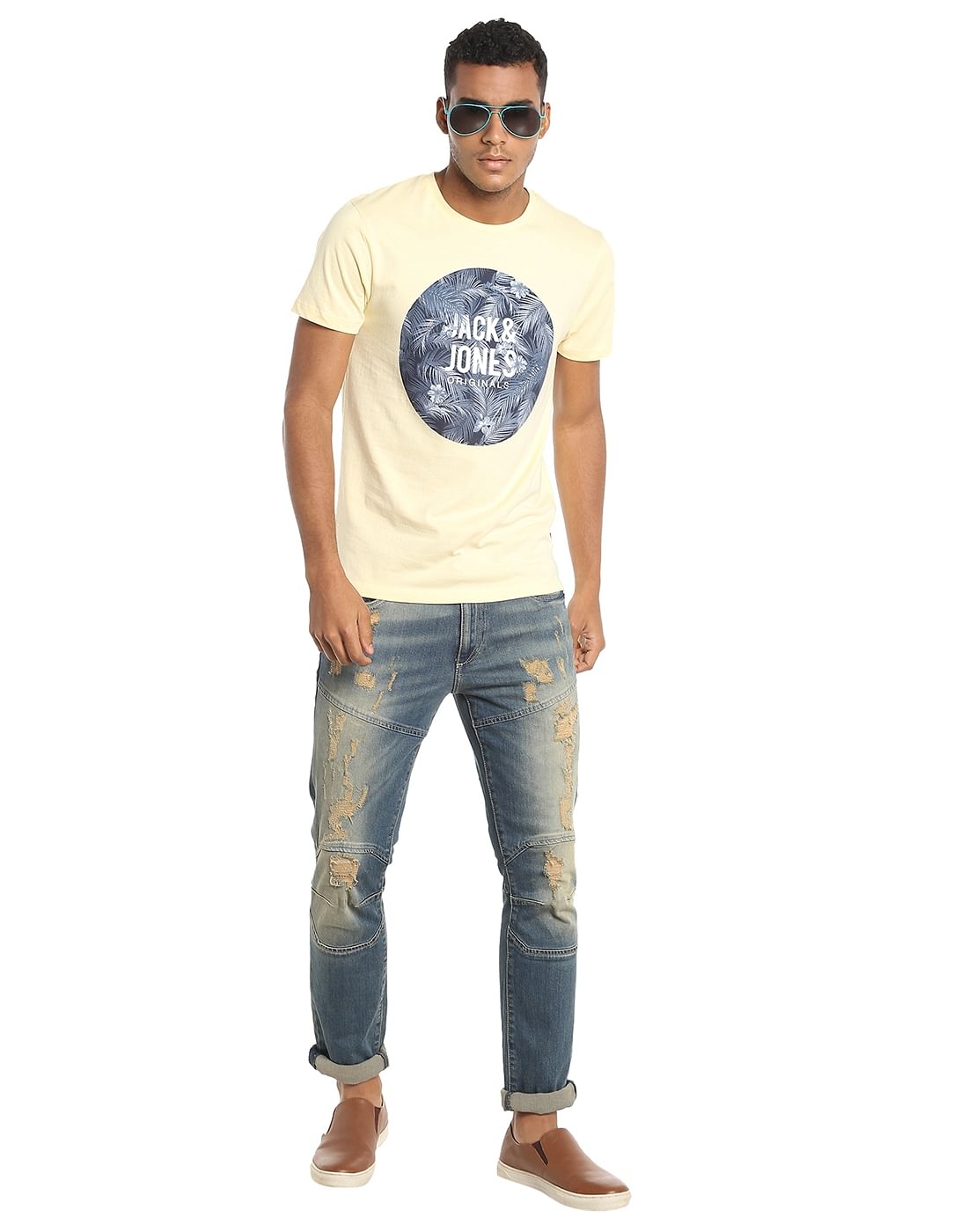 Yellow Tropical Print Crew Neck T-Shirt