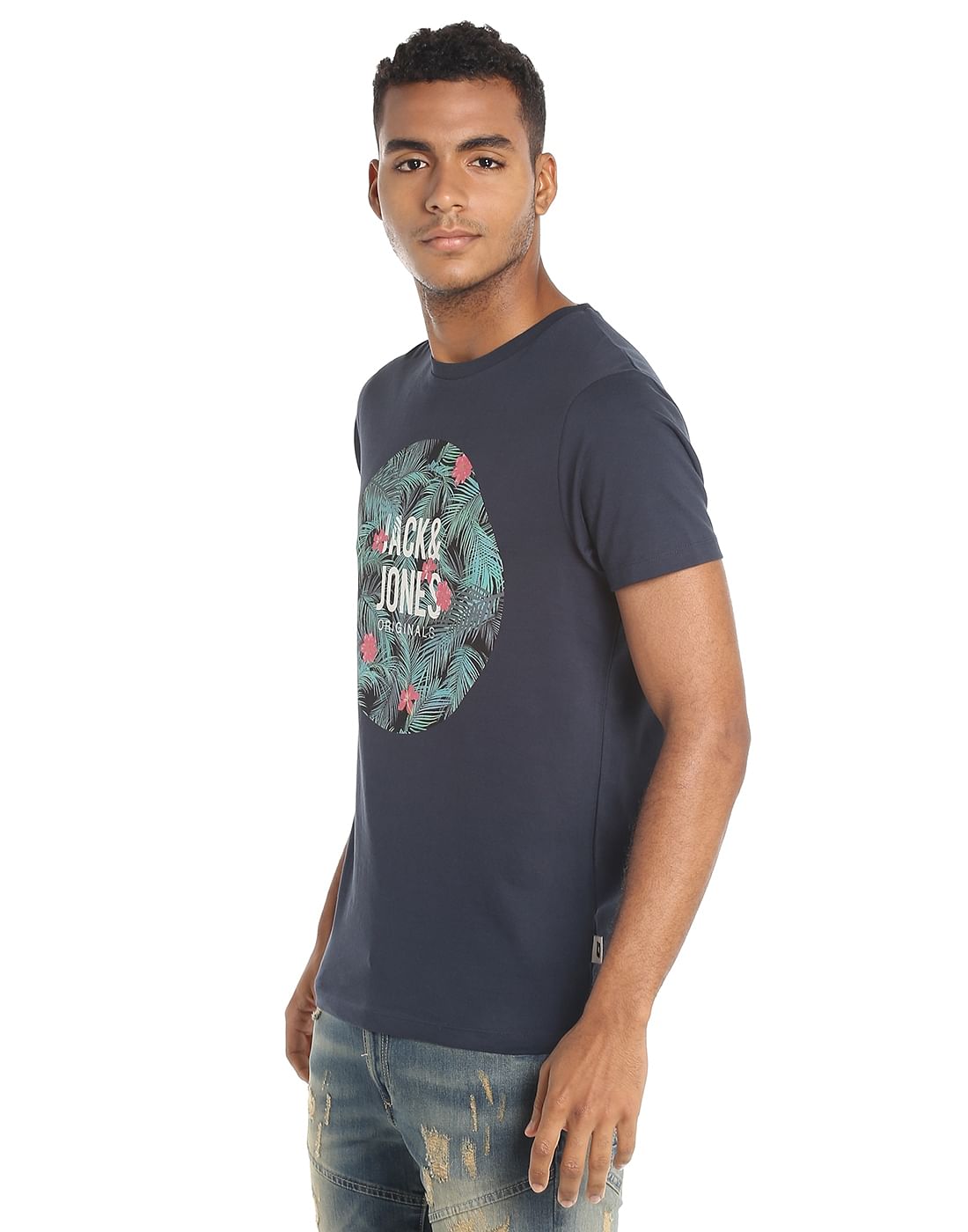 Dark Grey Tropical Print Crew Neck T-Shirt