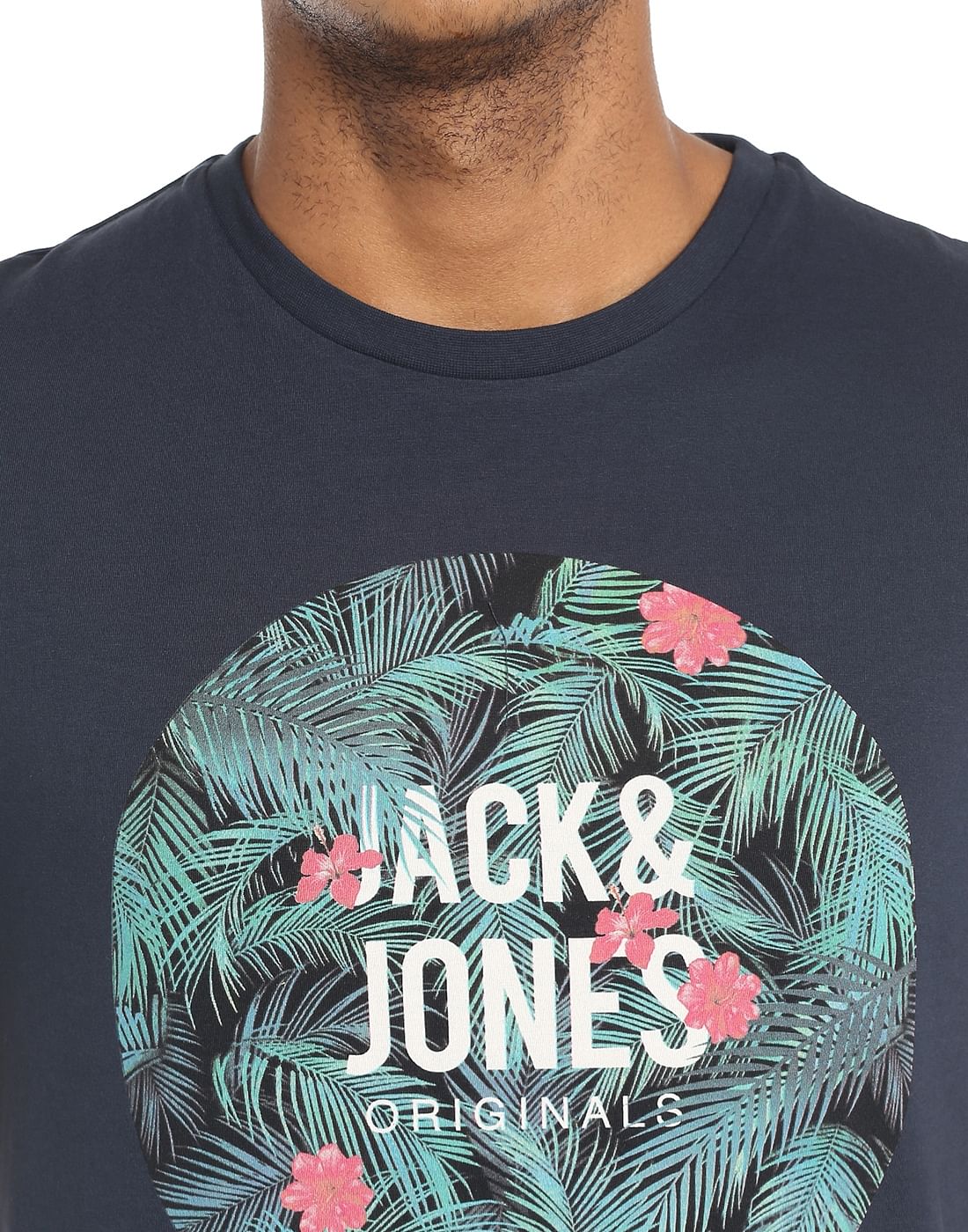 Dark Grey Tropical Print Crew Neck T-Shirt