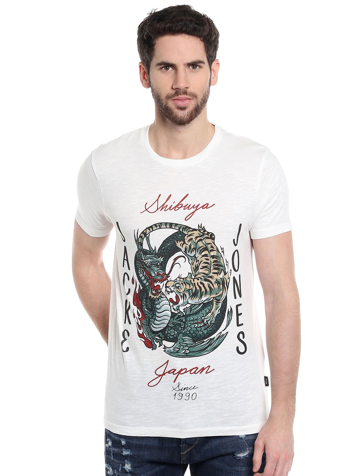 White Graphic Print Slim Fit T-Shirt