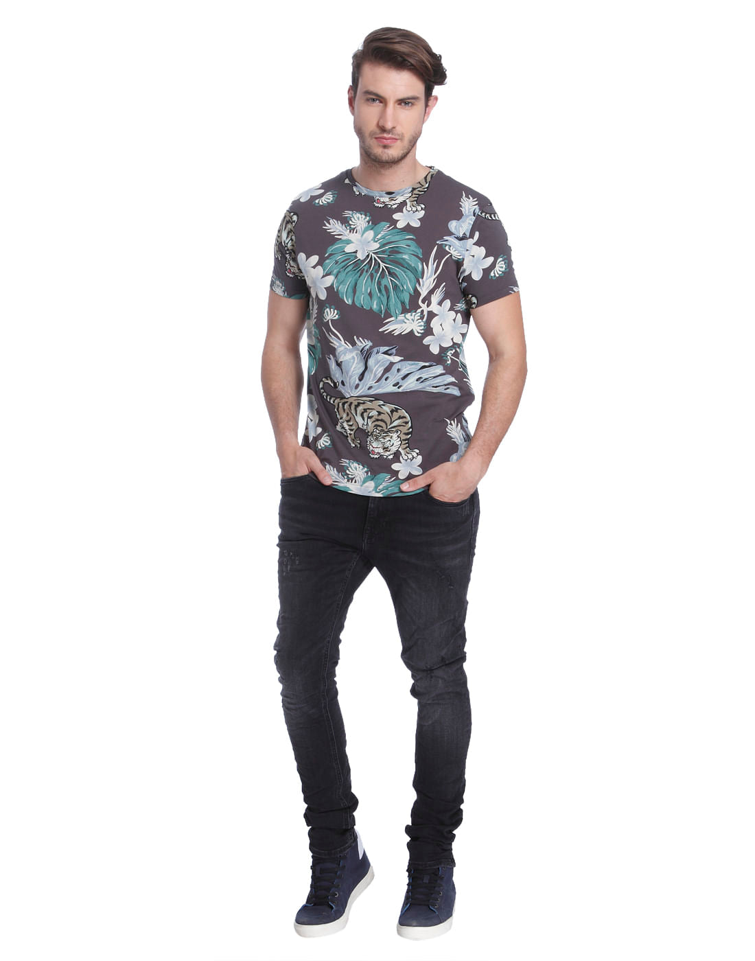 Brown Tiger Print Crew Neck T-Shirt