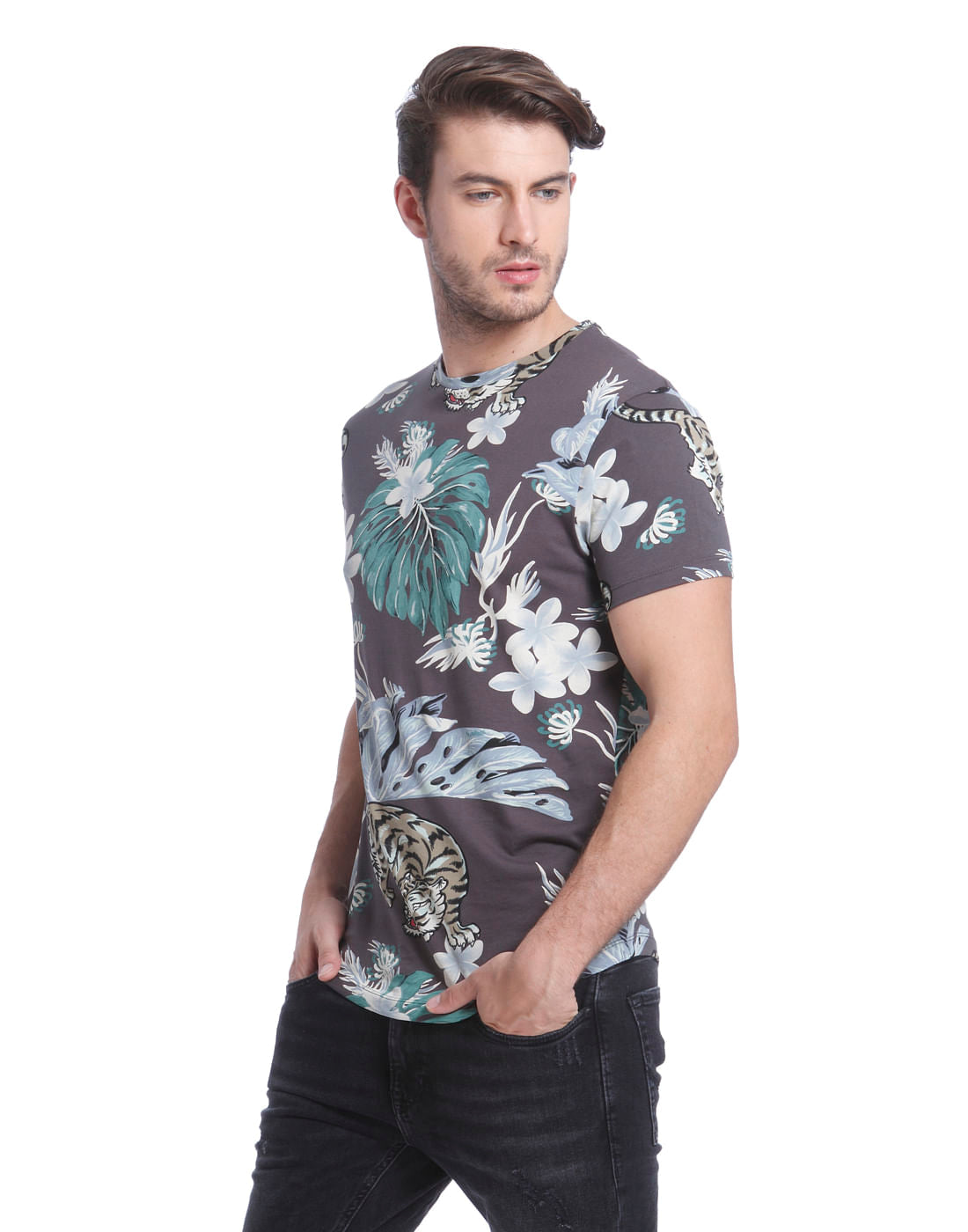 Brown Tiger Print Crew Neck T-Shirt