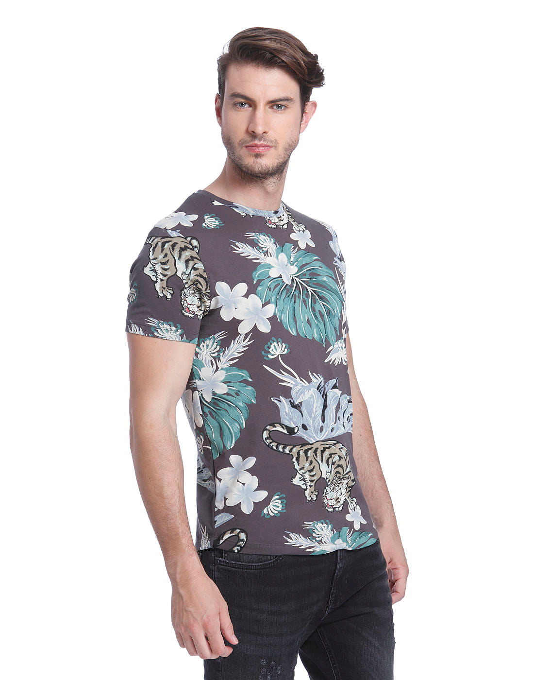 Brown Tiger Print Crew Neck T-Shirt