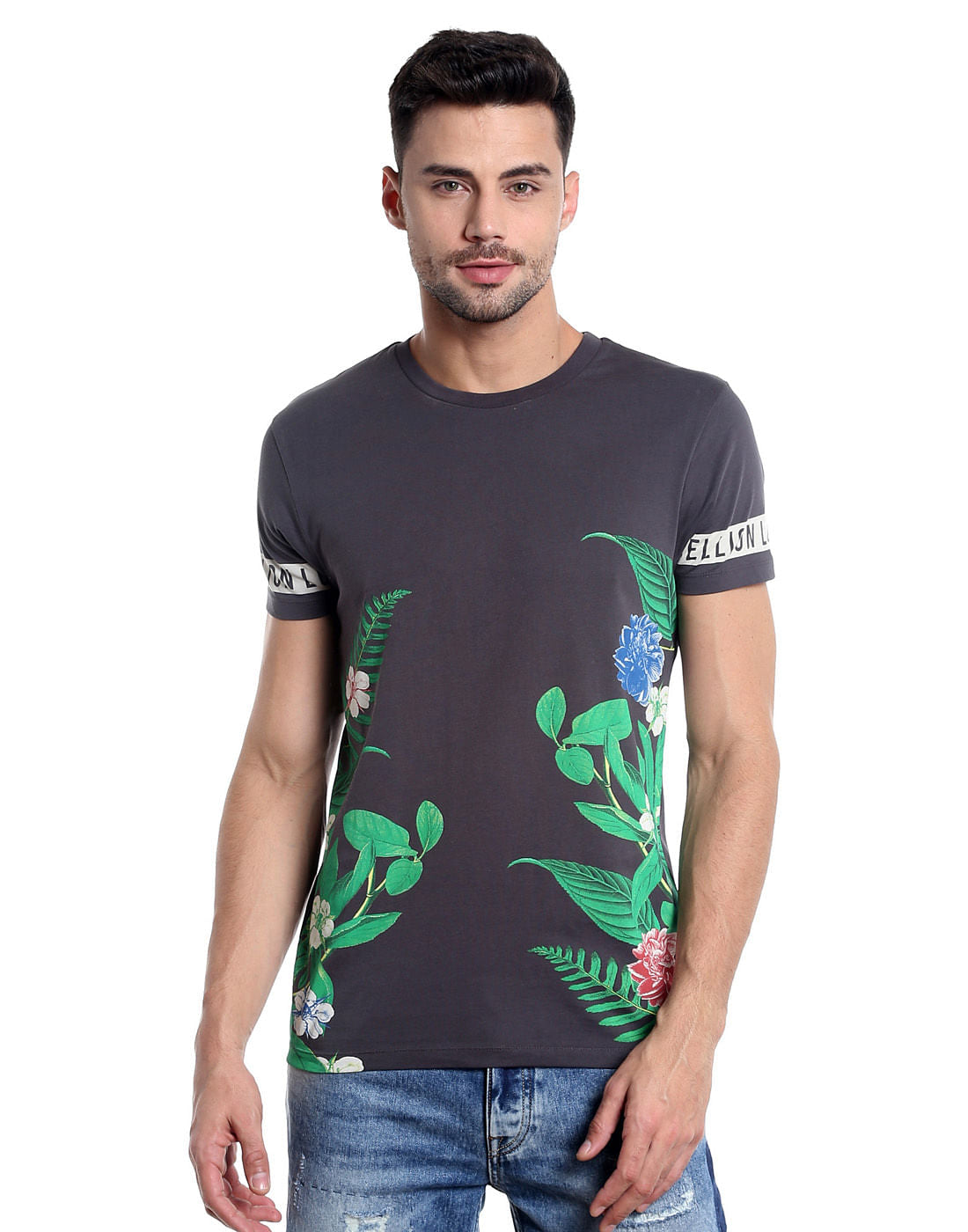 Dark Grey Botanical Print Crew Neck T-Shirt