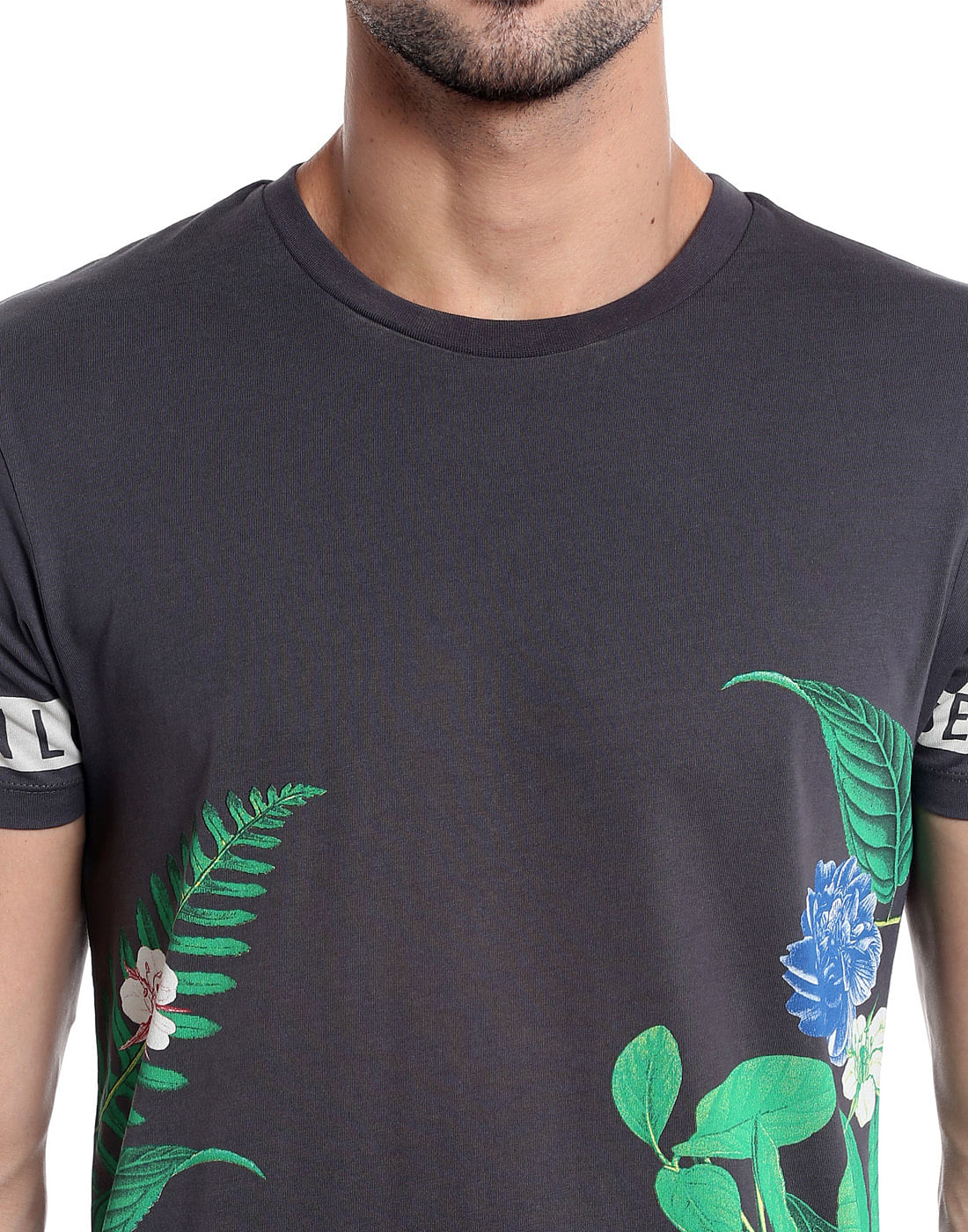 Dark Grey Botanical Print Crew Neck T-Shirt