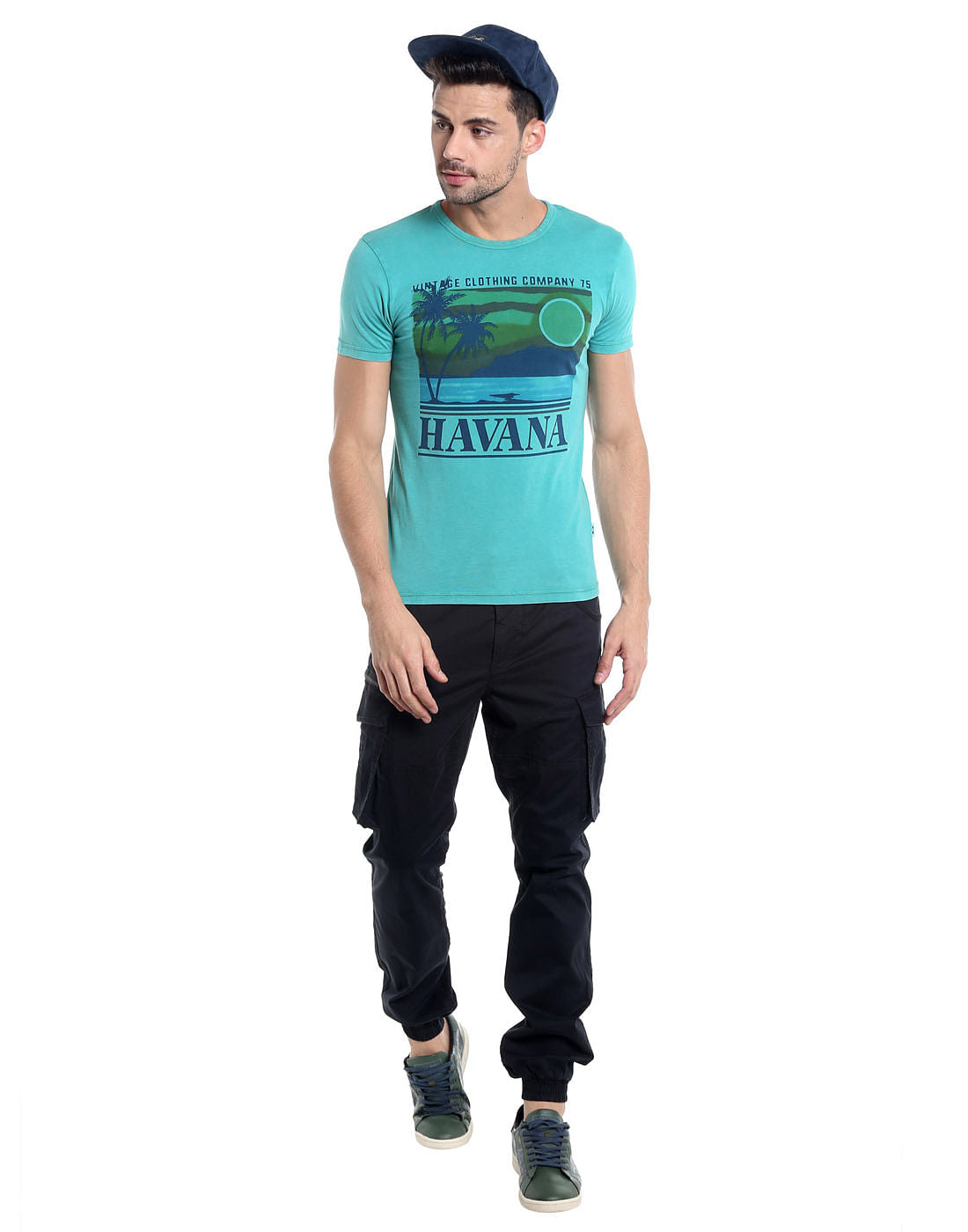Teal Blue Havana Print Crew Neck T-Shirt