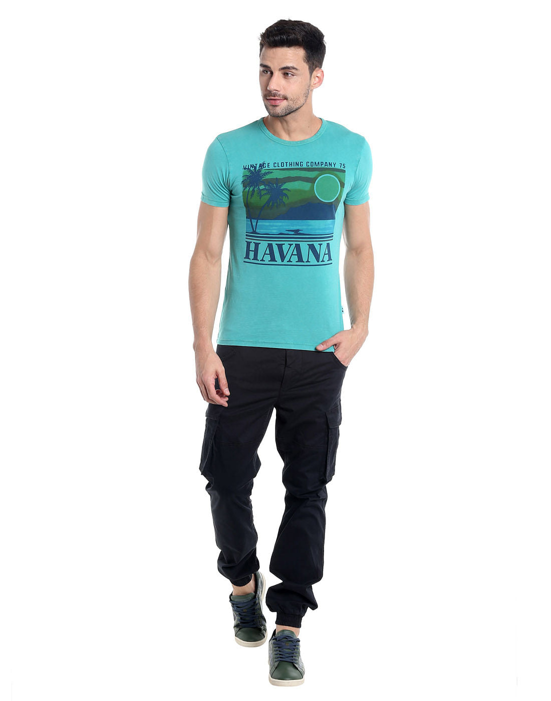 Teal Blue Havana Print Crew Neck T-Shirt