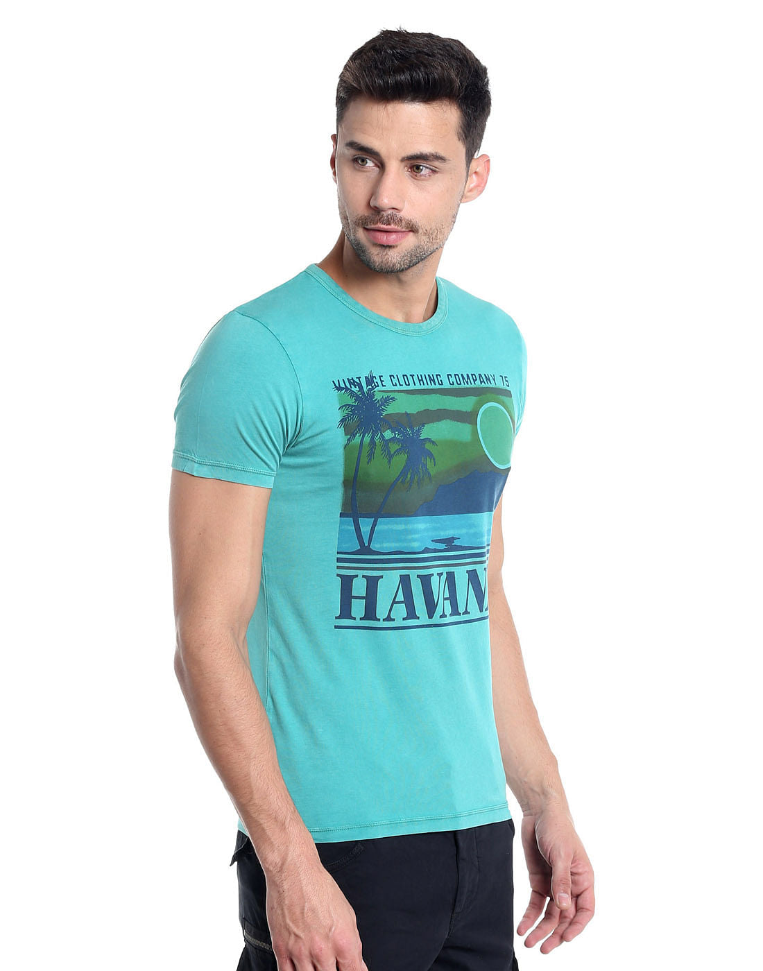 Teal Blue Havana Print Crew Neck T-Shirt